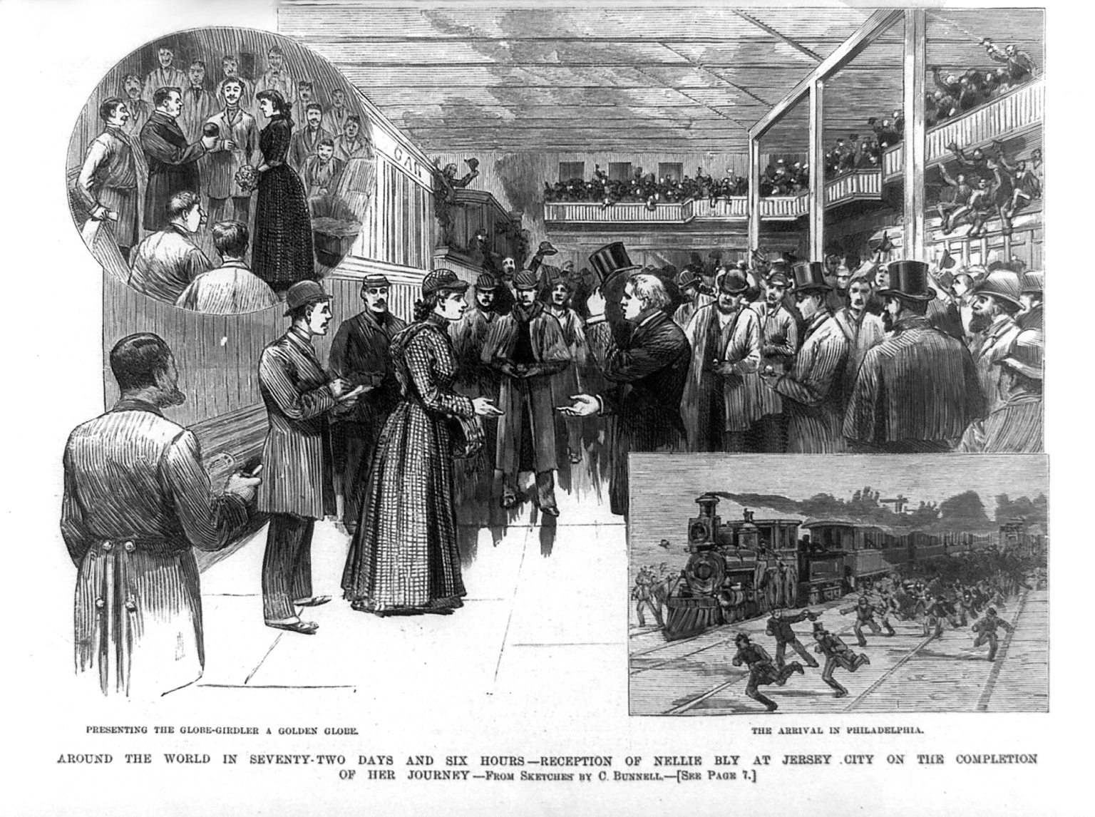 Wood engraving about the reception of Nelly Bly